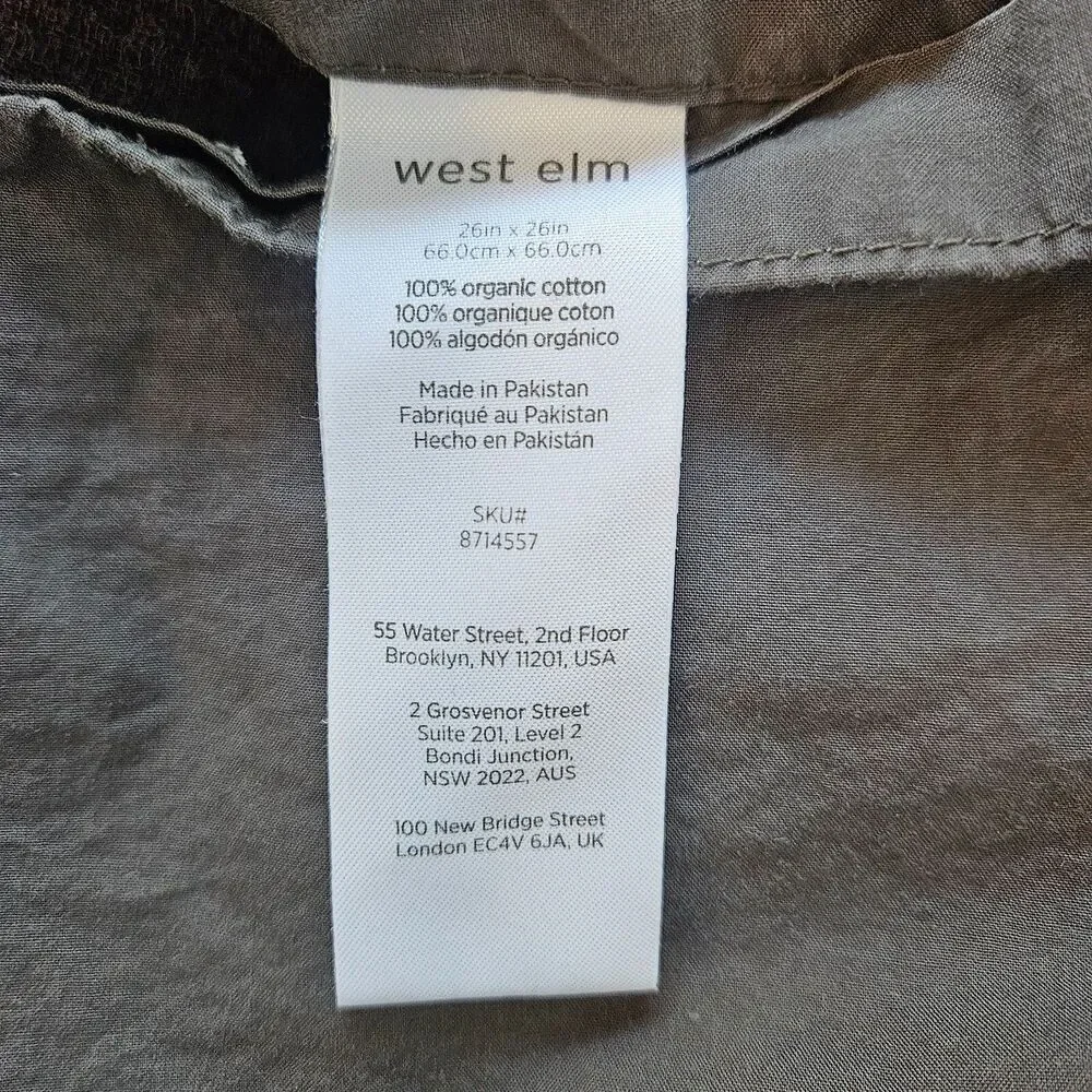 WEST ELM Euro Sham Rippled Texture Dark Khaki Green 26x26 Organic Cotton 847084